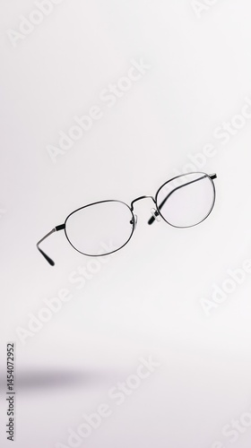 Modern eyeglasses with thin metal frames are levitating against a minimalist white backdrop, creating a striking visual with a focus on design and style