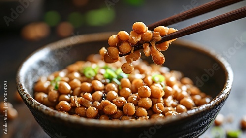 Sticky natto held with chopsticks mid-air, soybeans and spices scattered below photo
