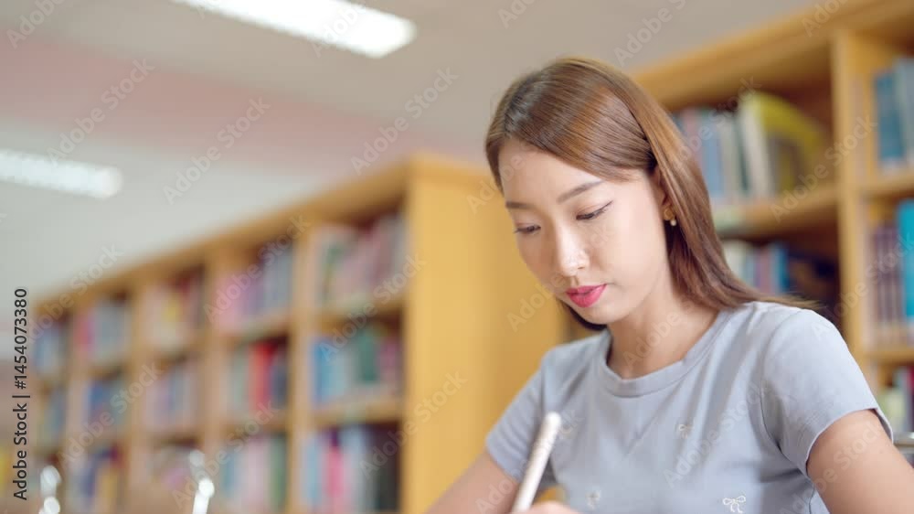 A woman is sitting in a library and writing. She is wearing a gray shirt. There are many books around her A woman is sitting in a library and writing. She is wearing a gray shirt. There are many books around her