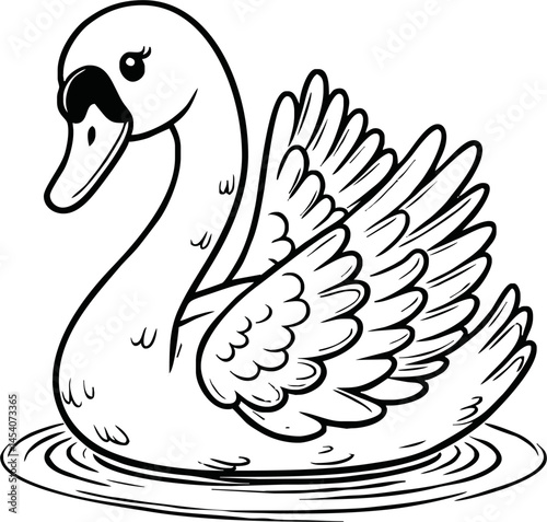  swan line art cartoon illustration floating calmly on water. Ideal for coloring pages, educational materials, and nature-themed designs.