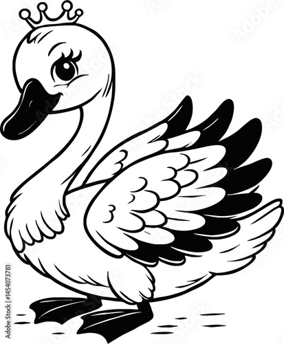  swan line art cartoon illustration floating calmly on water. Ideal for coloring pages, educational materials, and nature-themed designs.