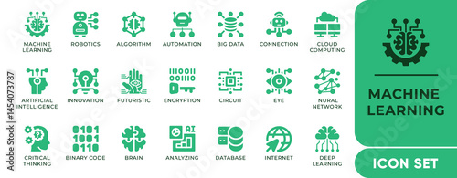 Machine Learning Icon Set. Features editable icons for AI, neural networks, algorithms, automation, and data science. Ideal for tech, analytics, and innovation projects.
