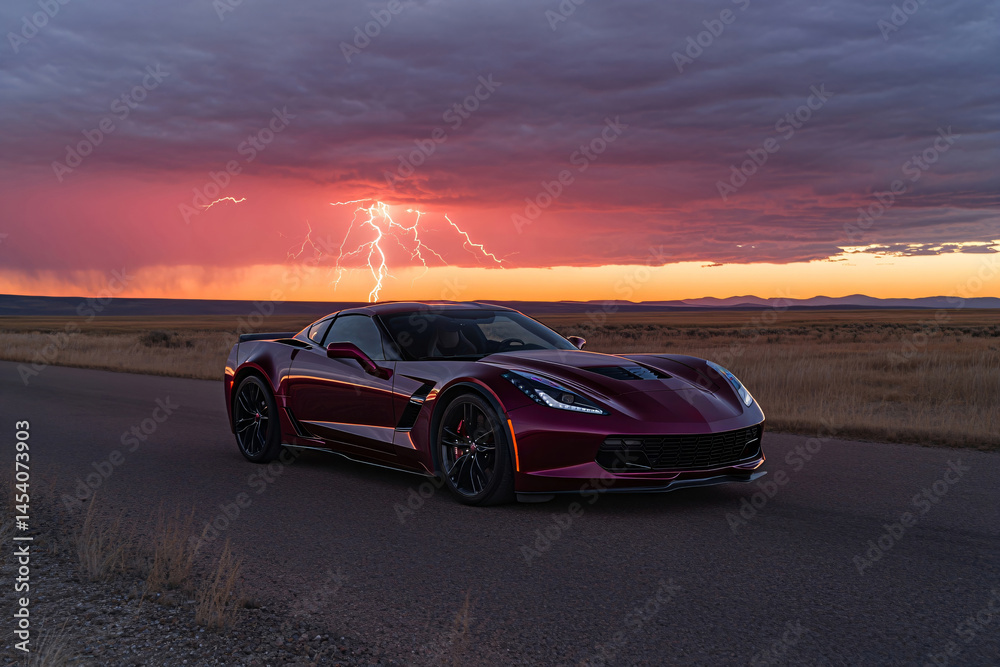 Fototapeta premium Sports car on rural road with dramatic lightning storm at sunset. Red supercar against stormy sky. Powerful vehicle in nature landscape. Scenic adventure concept.