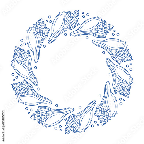 Shells create a beautiful circular pattern around water bubbles in a simple design