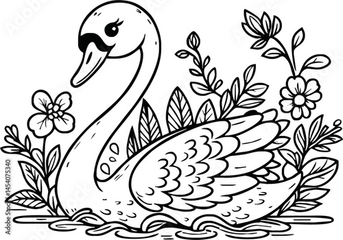  swan line art cartoon illustration floating calmly on water. Ideal for coloring pages, educational materials, and nature-themed designs.