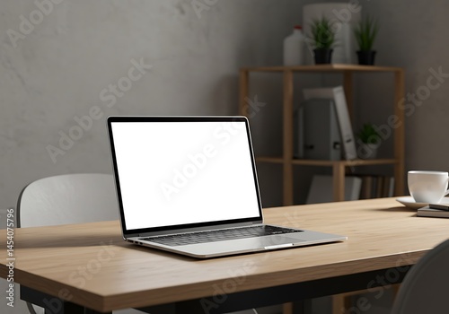 Silver Laptop with Blank Screen on Wooden Desk in Modern Office