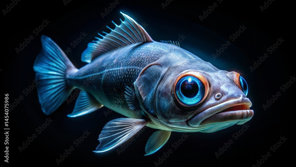 A Deep Sea Creature with Enormous, Captivating Eyes and Intricate Fin Details Swims in the Dark Depths A Deep Sea Creature with Enormous, Captivating Eyes and Intricate Fin Details Swims in the Dark Depths