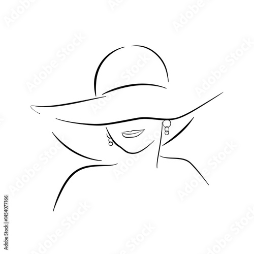 Simple fashion concept portrait of a beautiful woman wearing a wide brimmed hat. Black lines Abstract modern design for the beauty industry.