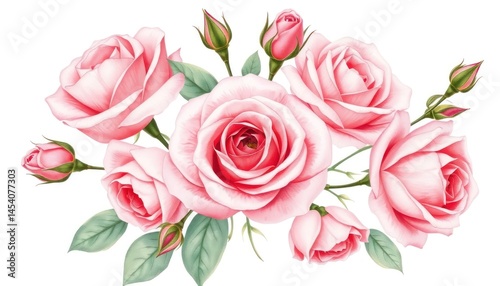 Elegant pink roses blossom with delicate detailing, creating a refined floral arrangement on a pristine backdrop