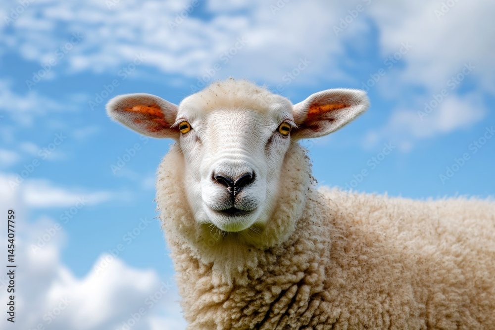 Detailed view of a sheep grazing in a vibrant green meadow under clear blue skies Detailed view of a sheep grazing in a vibrant green meadow under clear blue skies
