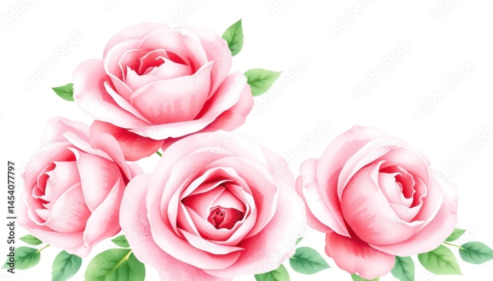 Fototapeta premium Elegant Watercolor Pink Roses Arrangement with Lush Green Leaves on a Clean White Background