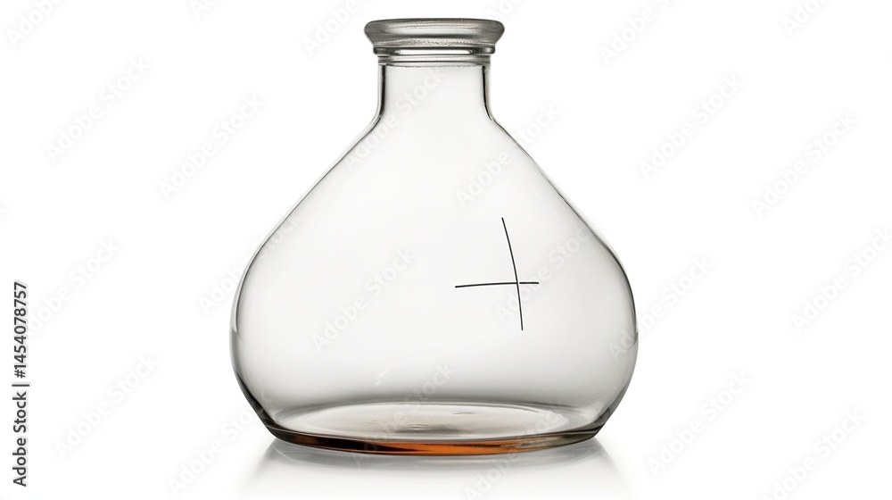 Clear glass decanter with a plus sign etched on the side, rounded base and a stopper Clear glass decanter with a plus sign etched on the side, rounded base and a stopper