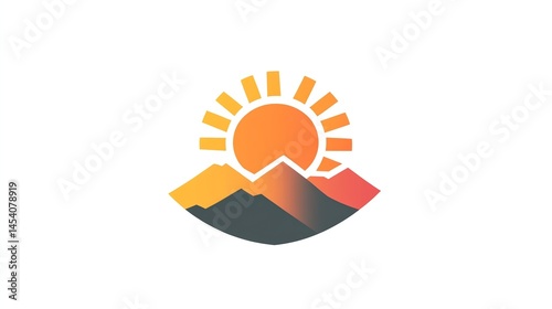 Digital illustration of a sunrise with layered mountains in shades of orange, brown, and dark green.