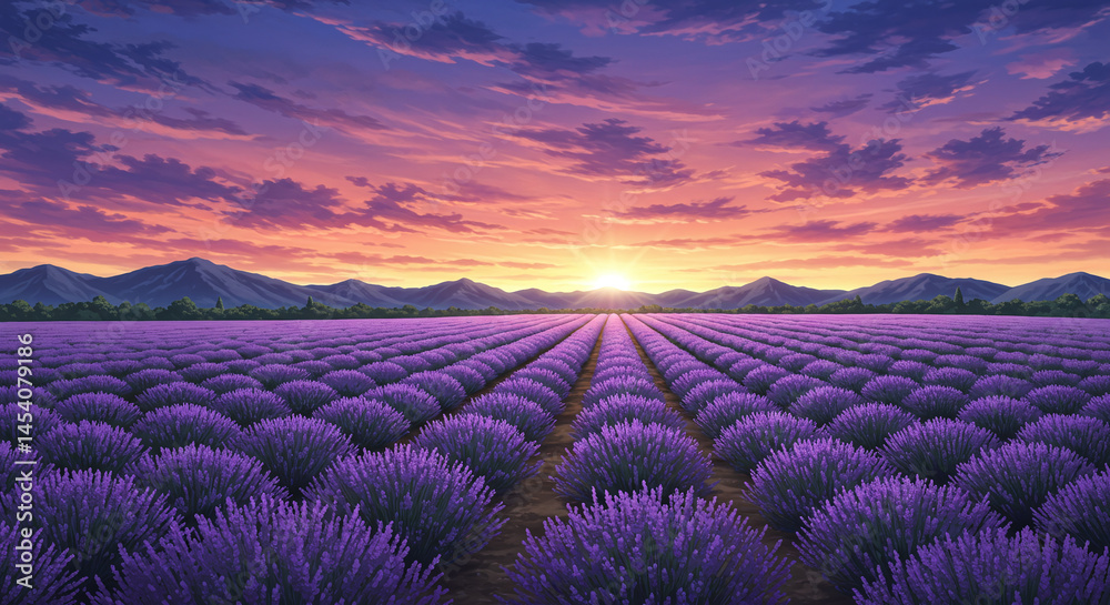 Lavender Field Sunset with Mountain Backdrop Lavender Field Sunset with Mountain Backdrop