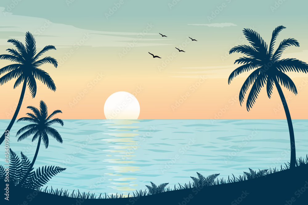 Obraz premium Silhouette Landscape of Scenic Sunrise in Ocean With Flying Birds, Paradise Beach Sunrise, Palm Tree And Calm Ocean Waves