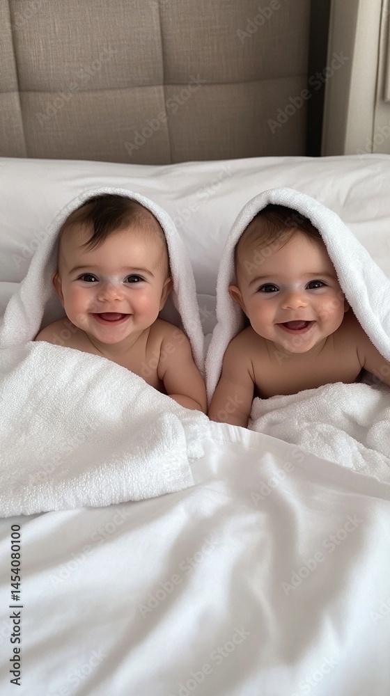 Adorable twin babies wrapped in white towels on a bed, sharing joyful smiles that showcase their playful innocence and happiness in a cozy environment.