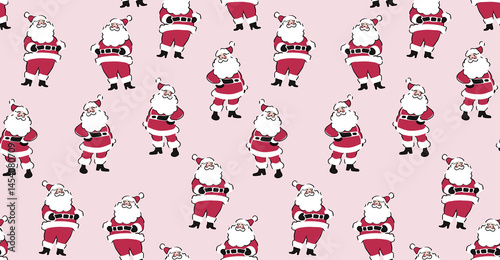 Cartoon Santa Claus Pattern with Multiple Poses and Expressions. Simple Line Art, Flat Colors on Pink Background. Cute Minimalist Graphic Design in High Resolution.