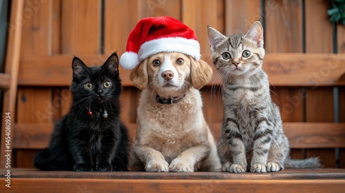 Adorable pets celebrate the holiday season: a fluffy dog in a red Santa hat sits between a striking black cat and a playful grey tabby, all exuding festive charm and joy. photo