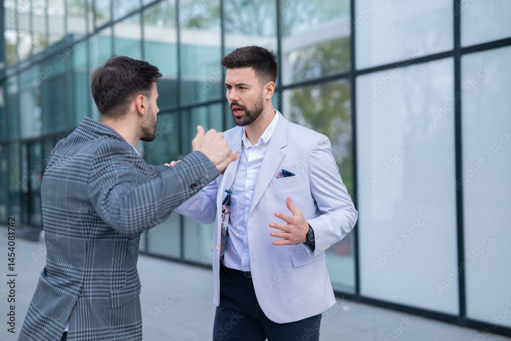 Two young businessmen having a heated discussion outside a modern office building. Two young businessmen having a heated discussion outside a modern office building.