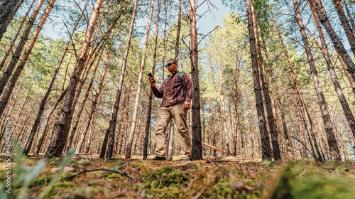 Obraz na płótnie hiker man using smart phone in the forest w salonie