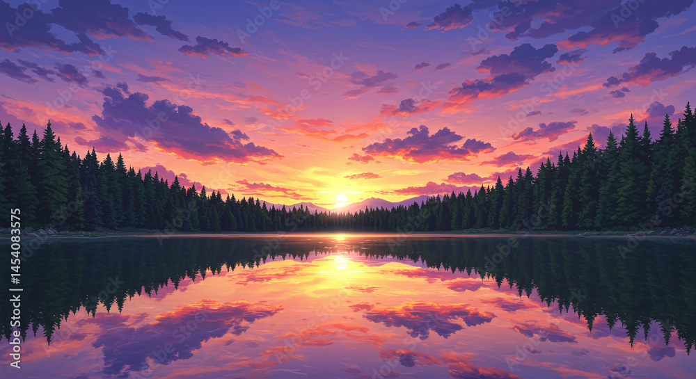 Fototapeta premium Purple Sunset Over Mountain Lake Reflection