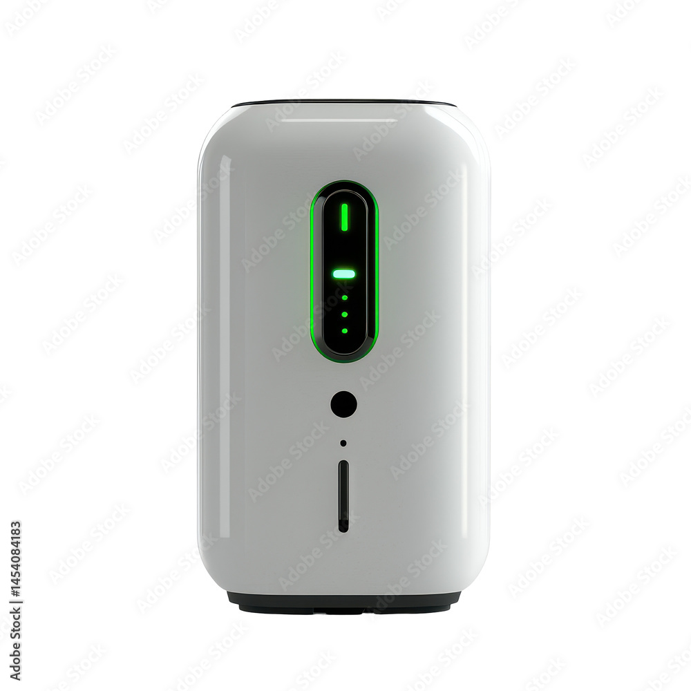 Modern white smart device with green indicator lights and sleek design for home or office automation and technology integration on transparent background Modern white smart device with green indicator lights and sleek design for home or office automation and technology integration on transparent background