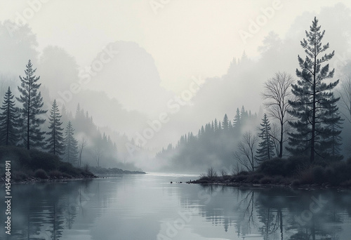 Wallpaper Mural Calm mountain lake with pine trees reflecting in misty water under a hazy sky. Torontodigital.ca