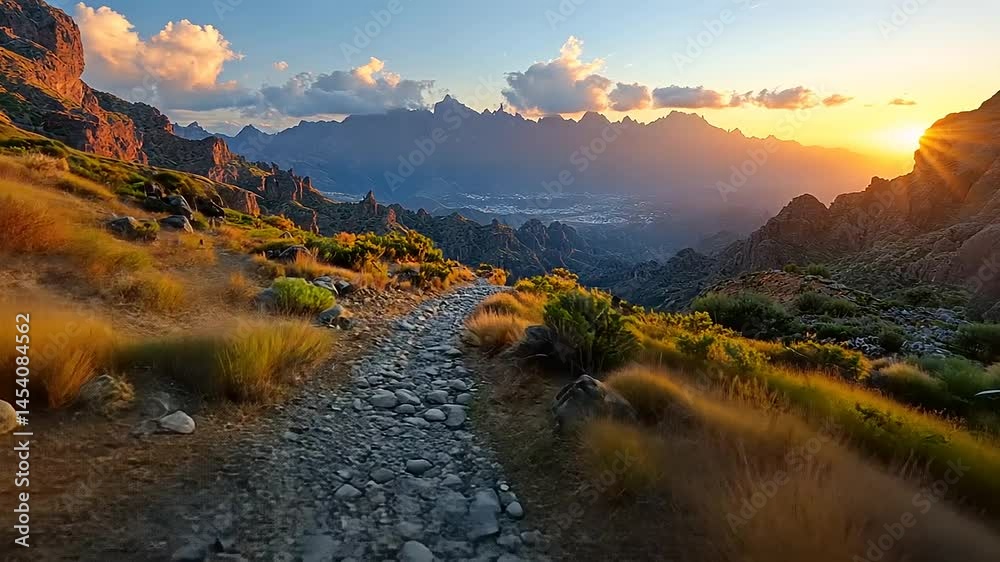 Rocky path winds through a mountainous landscape at sunset.  Mountains, valleys, and a vibrant sky with clouds and sunlight