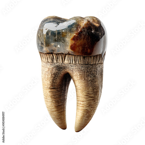 A realistic fossilized dinosaur tooth with detailed serrations, isolated on a white background --v 7.0 --s 750