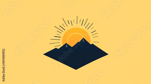 Digital illustration depicts mountains rising from a diamond shape with radiating sun rays.