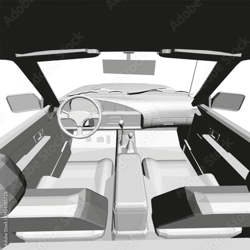 A car interior with a steering wheel and a gear shift. The car is a convertible. The interior is very clean and organized