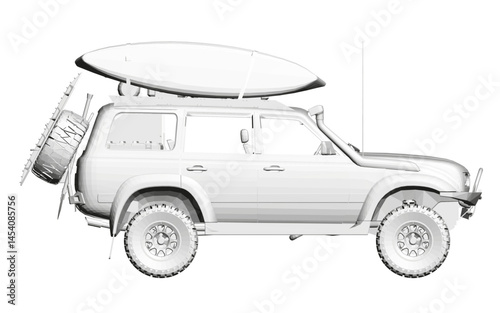 A white car with a surfboard on top of it. The car is parked on a white background. Side view. 3D