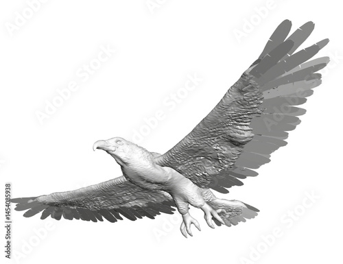 A white and black eagle is flying in the air. The eagle is in the middle of the image and is the main focus. The image has a sense of freedom and grace, as the eagle soars through the sky