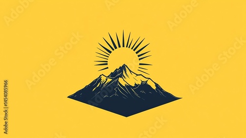 Photograph of silhouette mountain graphic, isolated against a radiant sunburst, minimalist design.