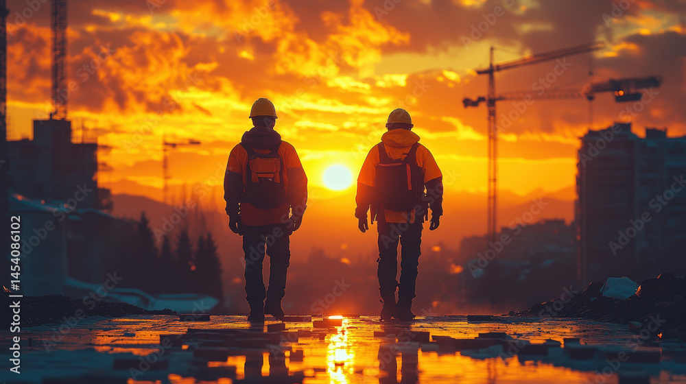 Fototapeta premium Two construction workers walk away from sunset at a construction site