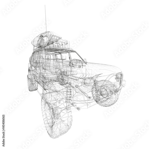 A car is shown in a black and white drawing. The car is shown in a very detailed manner. The drawing is of a vehicle that is being used for journey purposes