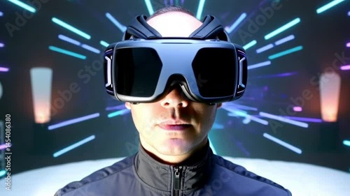 Man putting on VR headset with digital universe appearing around him in neon lines and abstract cyberspace style Generative AI
