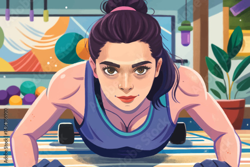 Active woman working out in gym with fitness equipment vector, promoting strength, vitality, and healthy aging. Ideal for wellness at any age, senior fitness, and active lifestyle campaigns