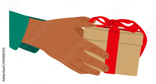 Hands holding gift box, Christmas present isolated on transparent background, flat vector illustration. Xmas holiday, arms gives new year souvenir.