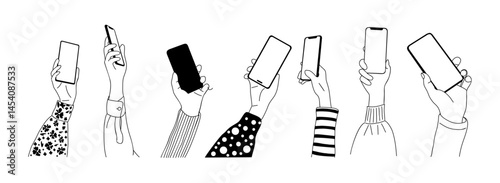Set of different female and male Hands holding mobile phone raising up. Hand drawn line art ink sketch style vector illustrations. Black icons isolated on transparent background.