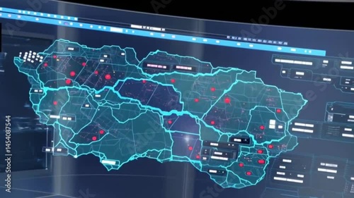 Holographic map of the city with marked crime spots, camera rotation, and digital analysis effect Generative AI