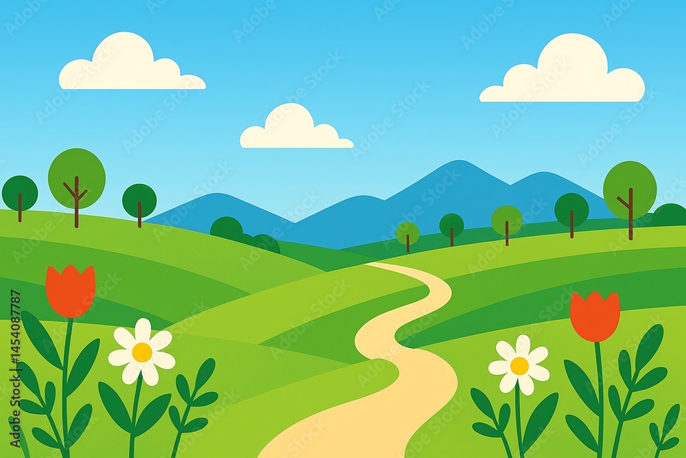 Fototapeta premium Flat Style Landscape Illustration with Green Hills, Flowers, and Path