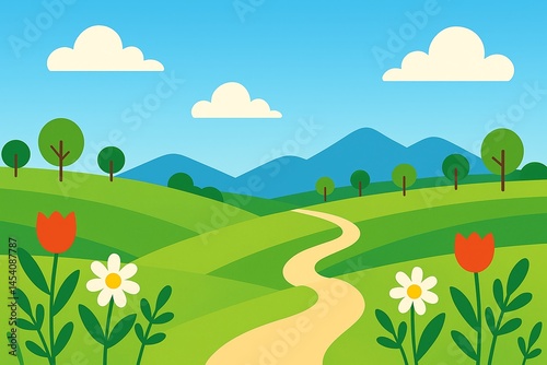 Flat Style Landscape Illustration with Green Hills, Flowers, and Path