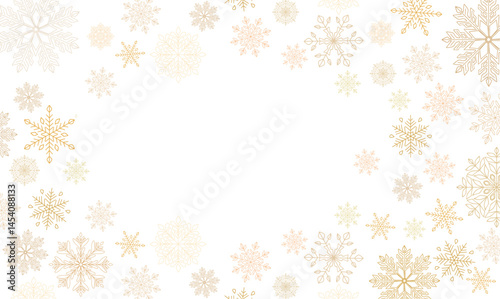 Abstract Christmas frame with gold snowflakes border and copy space for text. Winter snow. Overlay, banner, cover. Hand drawn vector illustration isolated on transparent background.