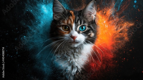 Colorful cat portrait with striking blue and orange background highlighting unique fur patterns