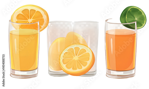  Glasses of fresh juice with citrus fruits isolated on a transparent background, PNG file, white background