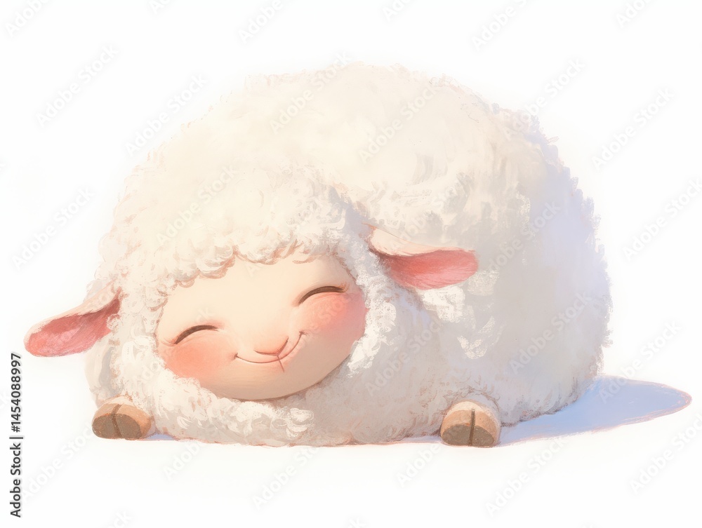 Fluffy, white lamb with a soft smile, resting peacefully on a sunlit ground Fluffy, white lamb with a soft smile, resting peacefully on a sunlit ground