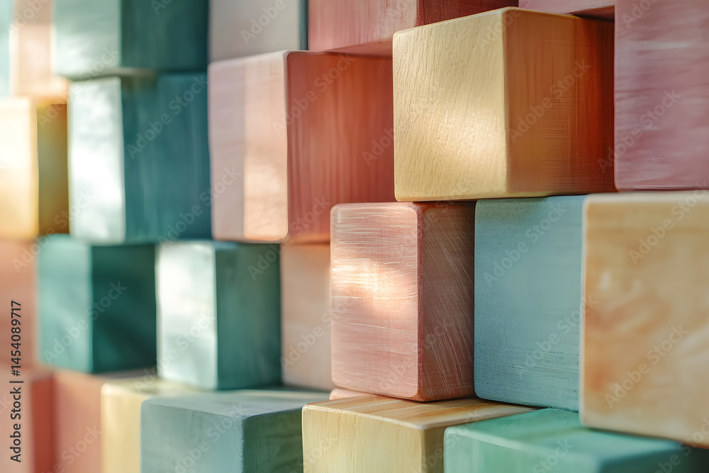 Close-up view of wooden alphabet blocks stacked neatly under pastel lighting, styled for childhood learning, minimal playroom design, or educational themes in soft natural tones