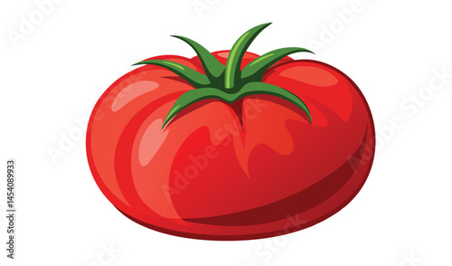 Ripe red tomato cartoon illustration. Fresh garden vegetable with green stem. Ideal for food, cooking, and healthy eating themes.