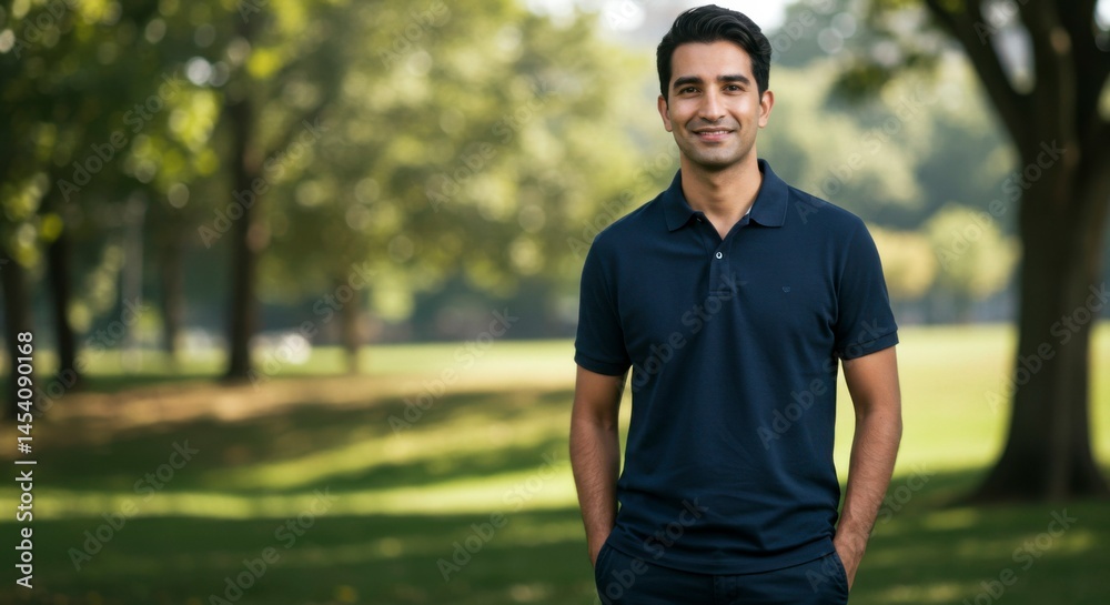 Fototapeta premium Man in polo shirt, park background